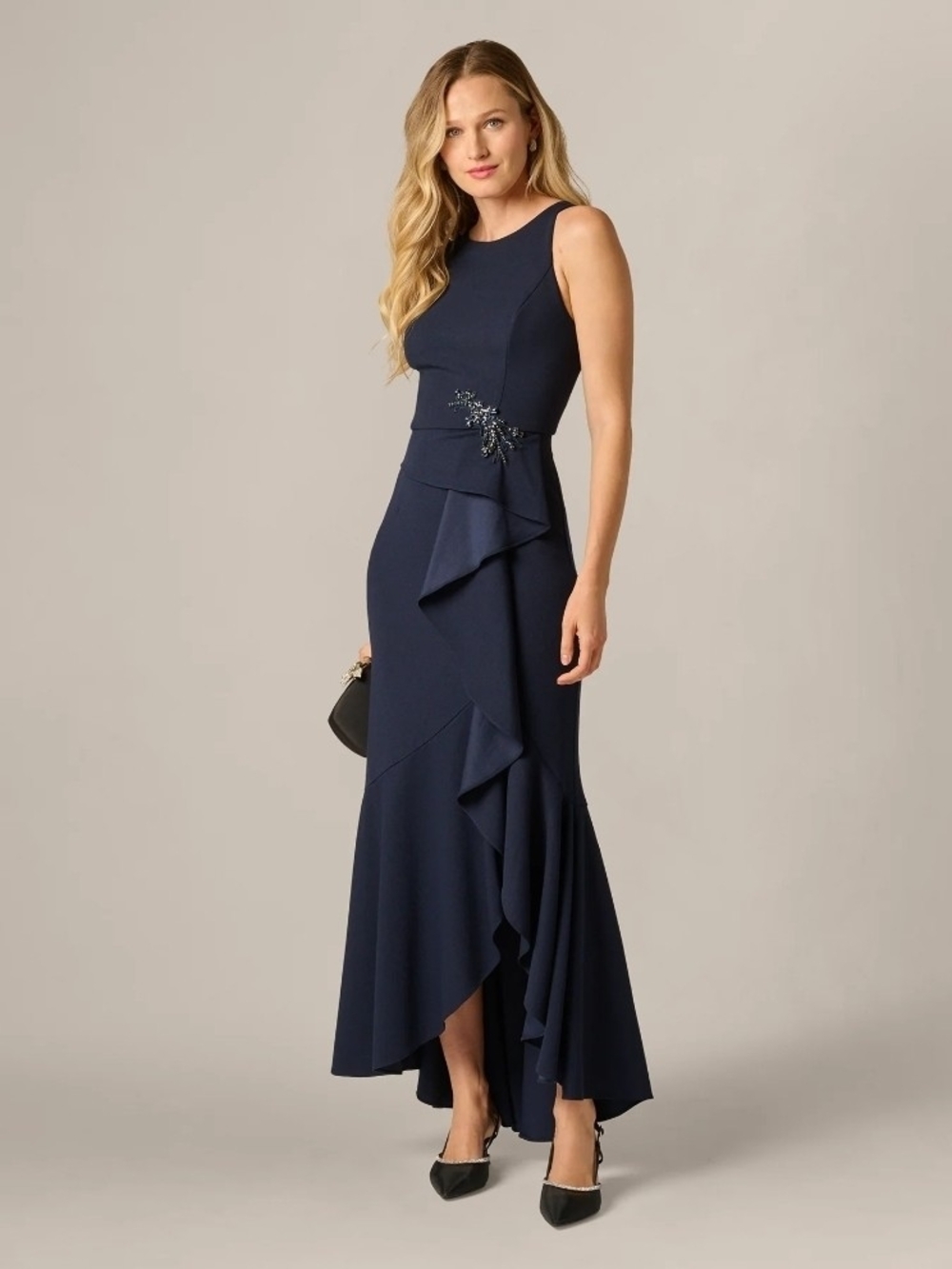 Adrianna Papell Navy Sleeveless High-Low Ruffle Gown Size 16